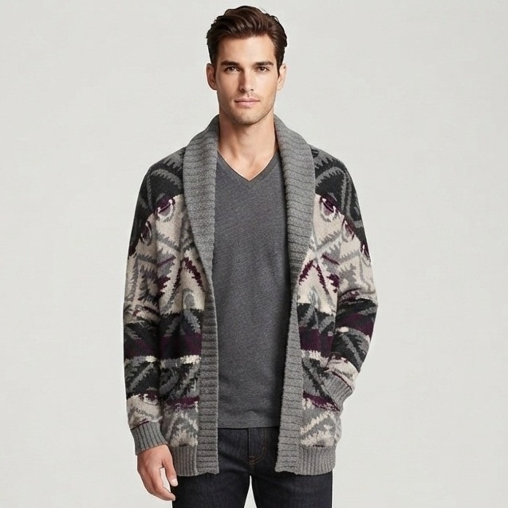 American Eagle Southwestern Shawl Collar Cardigan Grey Burgundy Wool Blend Men M